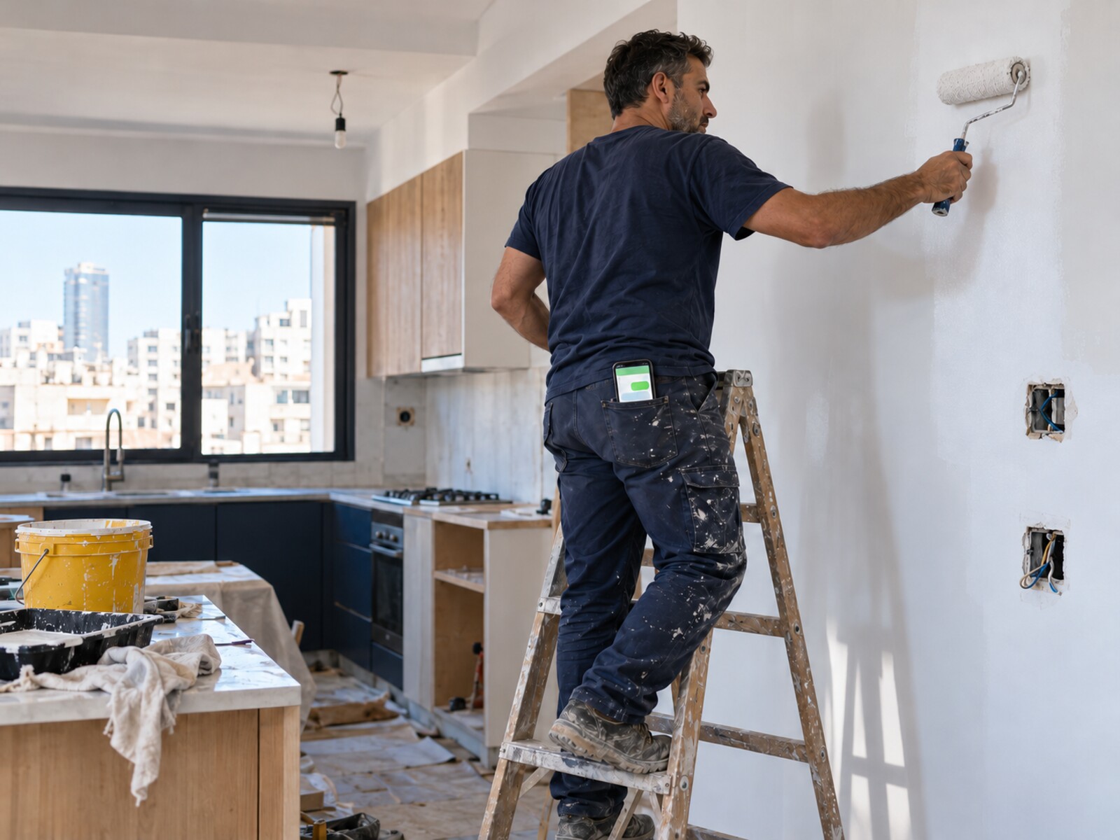 המחשה שנוצרה ב-AI: בעל מקצוע צובע קיר כשהטלפון בכיסו